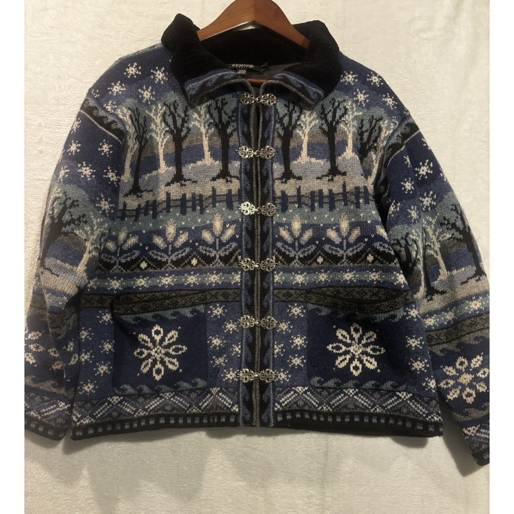 Vintage‎ Icelandic Design Cardigan Sweater Wool Blend Outdoor Woods Large Blue